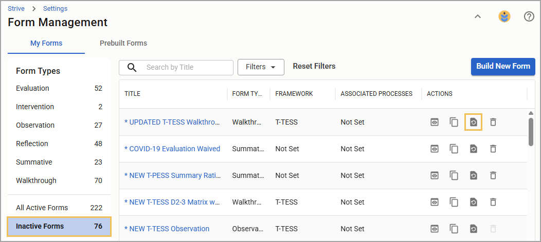 Overview of inactive forms in the form management system with action options, such as making the form active again.